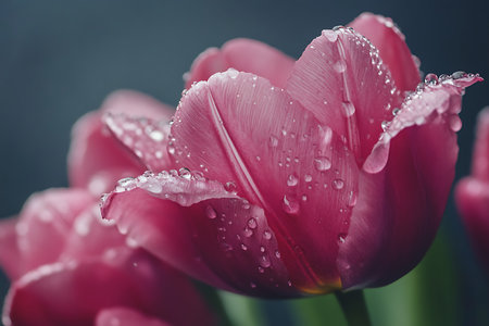 This macro captures the delicate texture of a pink tulip petal, adorned with glistening water droplets. Soft, diffused light enhances the vibrancy of the petal against a muted backdrop.の素材