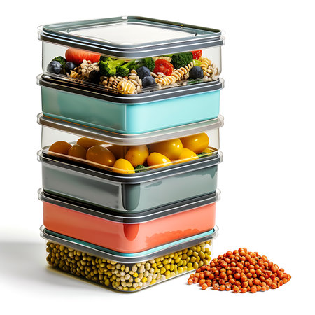 Food storage containers isolated on white backgroundの素材