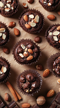 Chocolate muffins with cinnamon almonds and hazelnuts on brown paperの素材