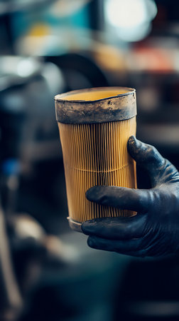 Car mechanic holding a car engine oil filter. Selective focus.の素材