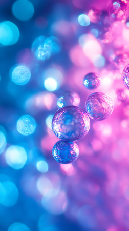 Abstract showcase featuring floating, textured spheres set against a shimmering bokeh of blue and pink lights, creating a dreamlike, visually striking effect.の素材