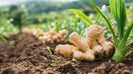 Dynamic close-up showcases newly uprooted ginger with stems, set against rich, cultivated earth and soft green background suggesting a flourishing agricultural landscape.の素材