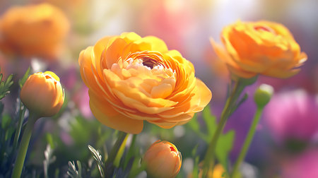 The exquisite image displays radiant yellow ranunculus blooms, exhibiting delicate, layered petals against a softly blurred garden background. Lush greenery complements the floral display.の素材
