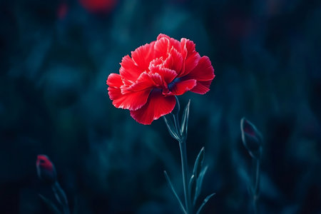 This striking close-up presents a fully opened, vibrant red carnation with delicately ruffled petals against a deep blue background, evoking a sense of dreaminess and depth.の素材