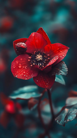 Close-up unveils the intricate details of a vibrant crimson hellebore, its petals adorned with sparkling water droplets, set against a softly blurred and moody background.の素材