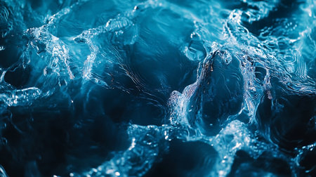 An abstract shot reveals the powerful beauty of water movement in deep shades of blue. Capturing swirling ripples that play with light, it shows a dynamic aquatic scene.の素材