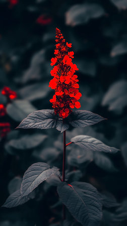 Striking close-up showcases a vibrant Cardinal flower with brilliant red blooms. Its upright spike stands in stark contrast to the surrounding foliage, displaying intricate leaf patterns.の素材