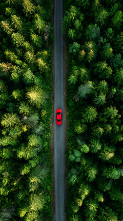 An aerial, bird's-eye view shows a lone red car driving down a gray road through a dense forest of lush green trees. The scene highlights nature, travel, and exploration.の素材
