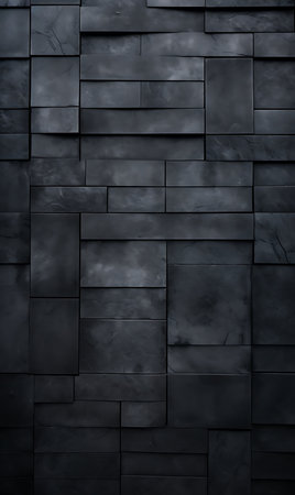 Dark stone facade presents a captivating geometric composition using textured bricks, highlighting a modern aesthetic with its rhythmic arrangement and deep, contrasting shadows.の素材