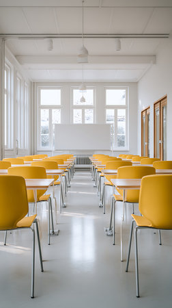 Interior shot of an empty classroom featuring rows of desks with yellow chairs. Natural light streams in through windows, illuminating the white walls, ceiling, and floor.の素材