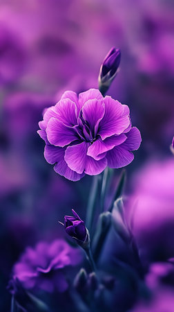 Close-up captures the delicate, layered petals of a brilliant purple carnation surrounded by buds. The bokeh background, in varying purple tones, enhances its beauty.の素材