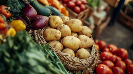 Vibrant display of fresh farm-to-table produce. Baskets overflowing with potatoes, red onions, tomatoes, broccoli, peppers, zucchini, and leafy greens. A colorful, healthy bounty.の素材