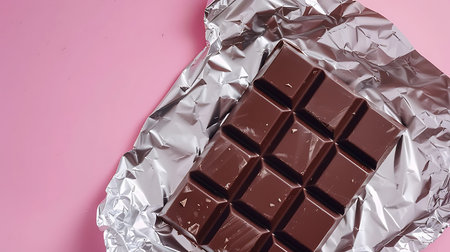 Chocolate bar in aluminum foil on pink backgroundの素材