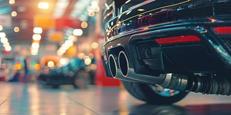 Close up view of exhaust tip muffler pipe of a modern car in the showroomの素材