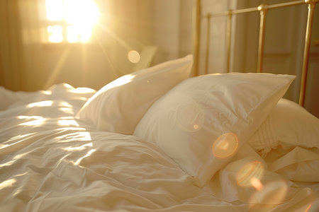 Close up of white pillows on bed in the morning sunlightの素材