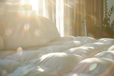 Close up of white pillows on bed in the morning sunlightの素材