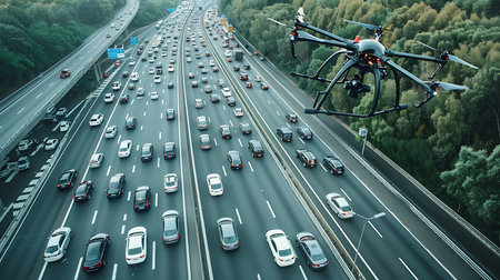 Drone with digital camera flying over traffic jamの素材