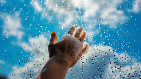 Employee hand cleaning a glass with blue sky backgroundの素材