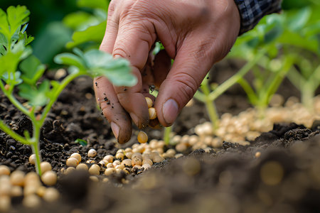 Farmer hand planting a a seed in soil, close upの素材