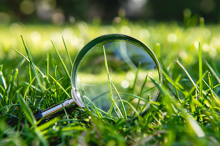 Magnifying glass on green grass in the garden with bokeh backgroundの素材
