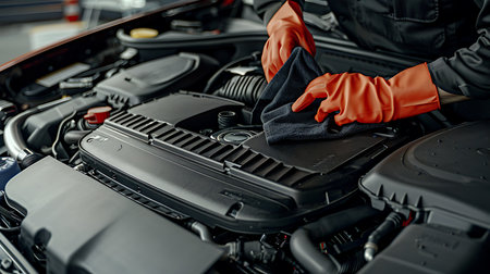 Mechanic cleaning car engine with microfiber clothの素材