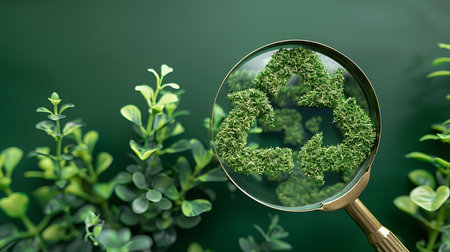 Recycling symbol and magnifying glass on nature backgroundの素材