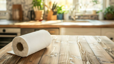 Roll of toilet paper on a wooden table in a modern kitchen.の素材