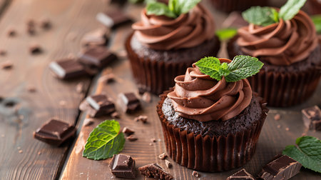 Chocolate cupcakes with chocolate cream and mint on a wooden backgroundの素材
