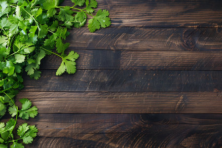 Coriander on rustic wooden background with copy space. Top viewの素材
