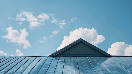 House roof with blue sky and white cloudsの素材