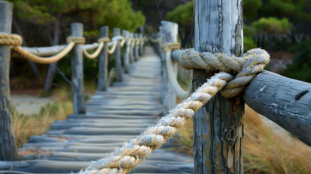 Rope tied to a wooden bridge with bokeh backgroundの素材