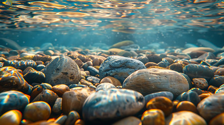 Sea pebbles on the beach under sunlight with rays of lightの素材