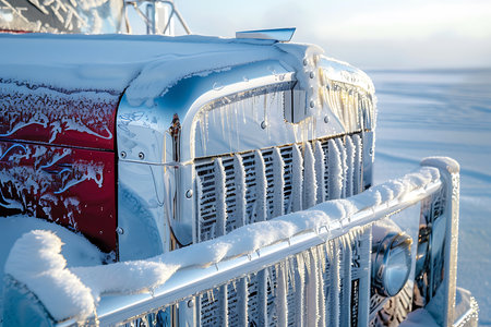Truck covered with ice on the background of the winter landscape.の素材
