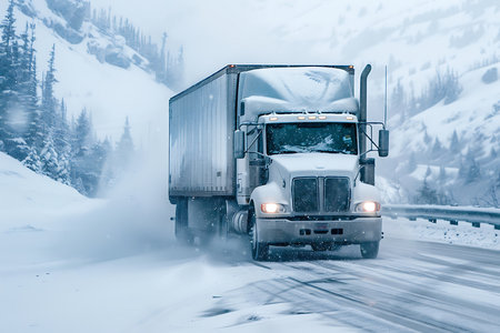 Truck on the road in the winter forestの素材