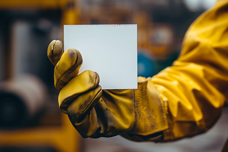 Yellow bio hazard suit holding a blank business card, close upの素材