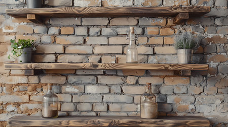 Wooden shelves on brick wall backgroundの素材