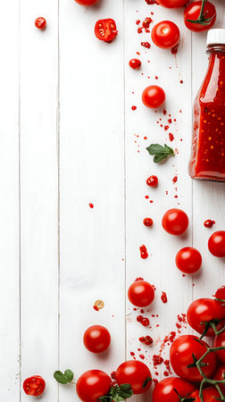 Fresh tomatoes and glass bottle of ketchup on rustic white wooden table for food conceptの素材