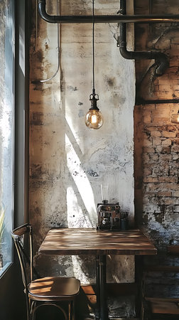 Vintage lamp hanging from ceiling. Wooden table in cozy room settingの素材