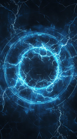 A cyan electric circle pulses against a dark backdrop, with dynamic lightning bolts radiating, creating a captivating energy effect.の素材