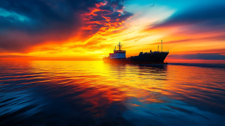 Features a cargo ship at sea during a vivid sunset. The ocean's surface reflects the fiery sky, creating a stunning display of colors and textures in a captivating marine scene.の素材