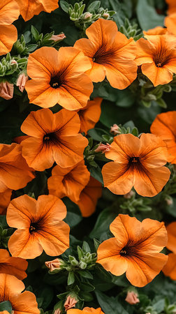 Features cluster of bright orange petunia blooms with dark centers, set against a backdrop of lush green leaves. Petals exhibit textures, showcasing details in garden setting.の素材