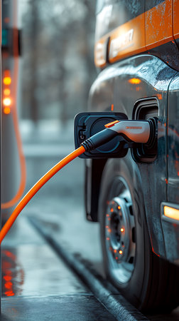 Close view captures the vehicle during charging. Highlights include the sleek modern design and vibrant orange charging cable attached to its side.の素材