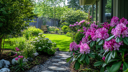 Showcases a meticulously landscaped backyard with a stone path leading through green lawns, blooming pink rhododendrons, and mixed plantings under sunlight.の素材