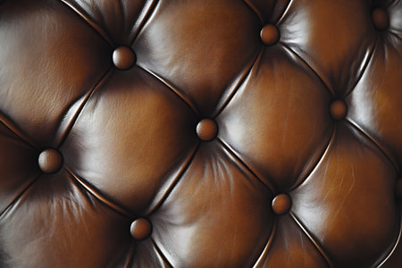 Displays a close-up of brown leather upholstery with diamond patterns and button accents, showcasing a textured, sophisticated, and luxurious design element.の素材