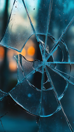 Detailed view of shattered glass revealing sharp fragments and teal highlights, showcasing damage and destruction. Captures intricate patterns of cracks and breaks.の素材