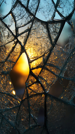 Close-up captures of destroyed glass, featuring intricate cracks and reflecting light, adding dramatic shattered visual with broken shardsの素材