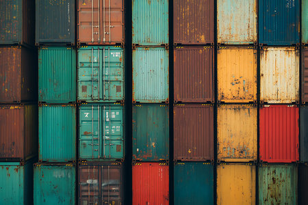 View from above of stacked shipping containers with rust and peeling paint in colors of teal, brown, yellow, and red for a heavily textured industrial look.の素材