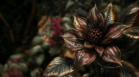 Detailed close-up showcases a bronze flower bloom with shiny petals and a centerpiece. The flower's intricate details create a captivating visual experience.の素材