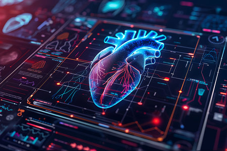 A blue and red digital image of a human heart. Futuristic medical researchの素材