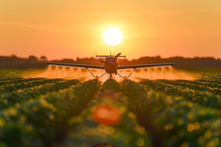 Drone spraying pesticides on field at sunset, agriculture landscapeの素材